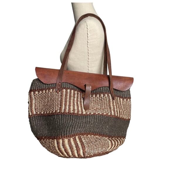 Rare Sisal Woven Striped Tote Bag with Leather Flap Double Handles - Picture 1 of 10